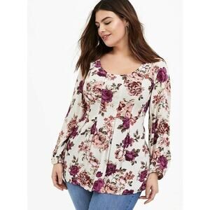 Torrid Ivory Rose Floral‎ Crinkled Fit & Flare Scoop Neck Long Sleeve Blouse 4X